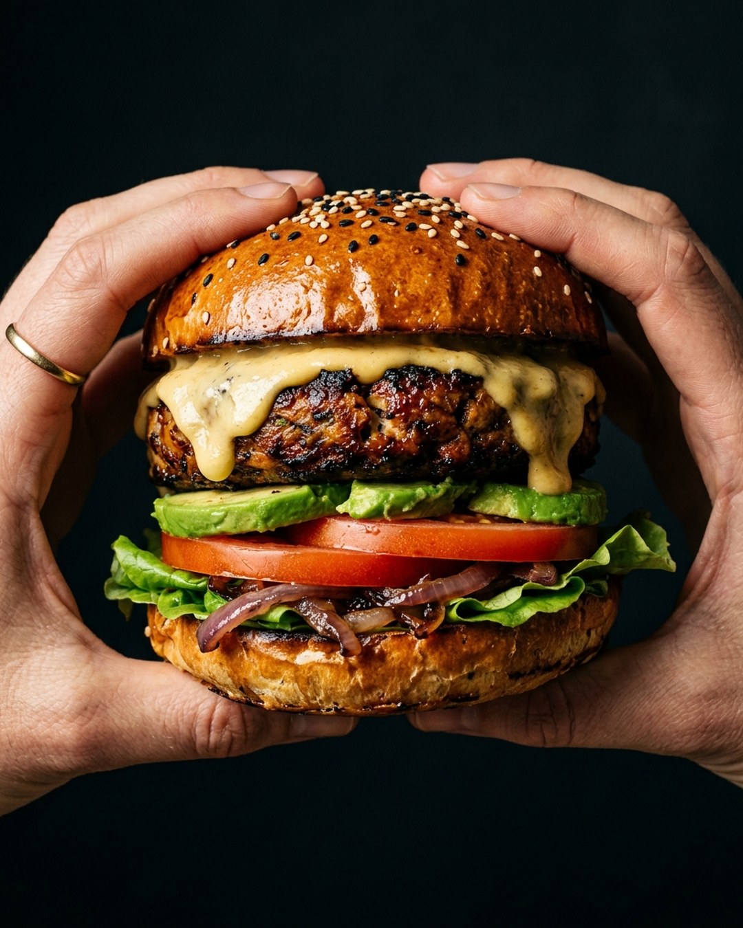 Dos manos sosteniendo una hamburguesa vegana