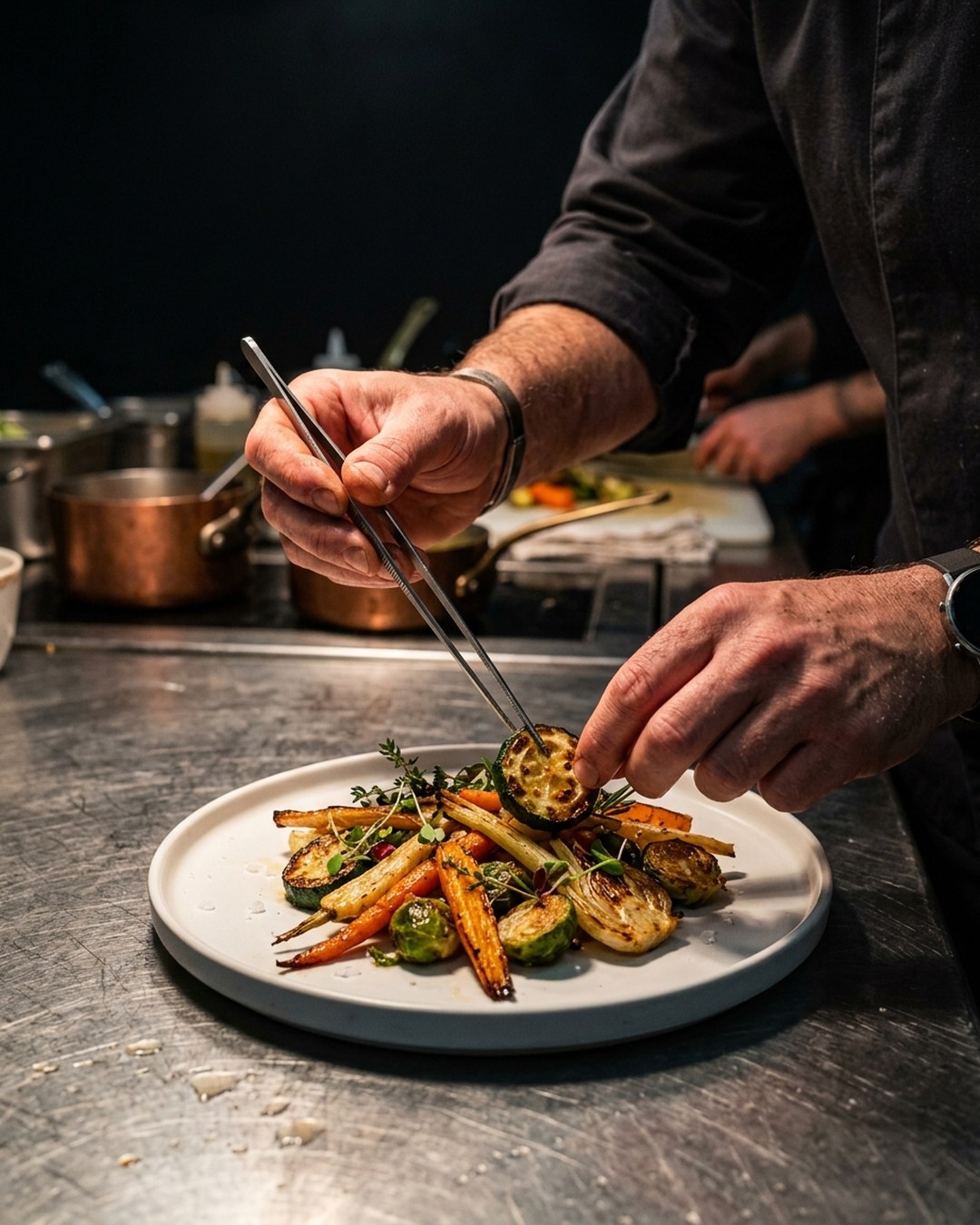 Las manos de un cocinero emplatando verduras asadas