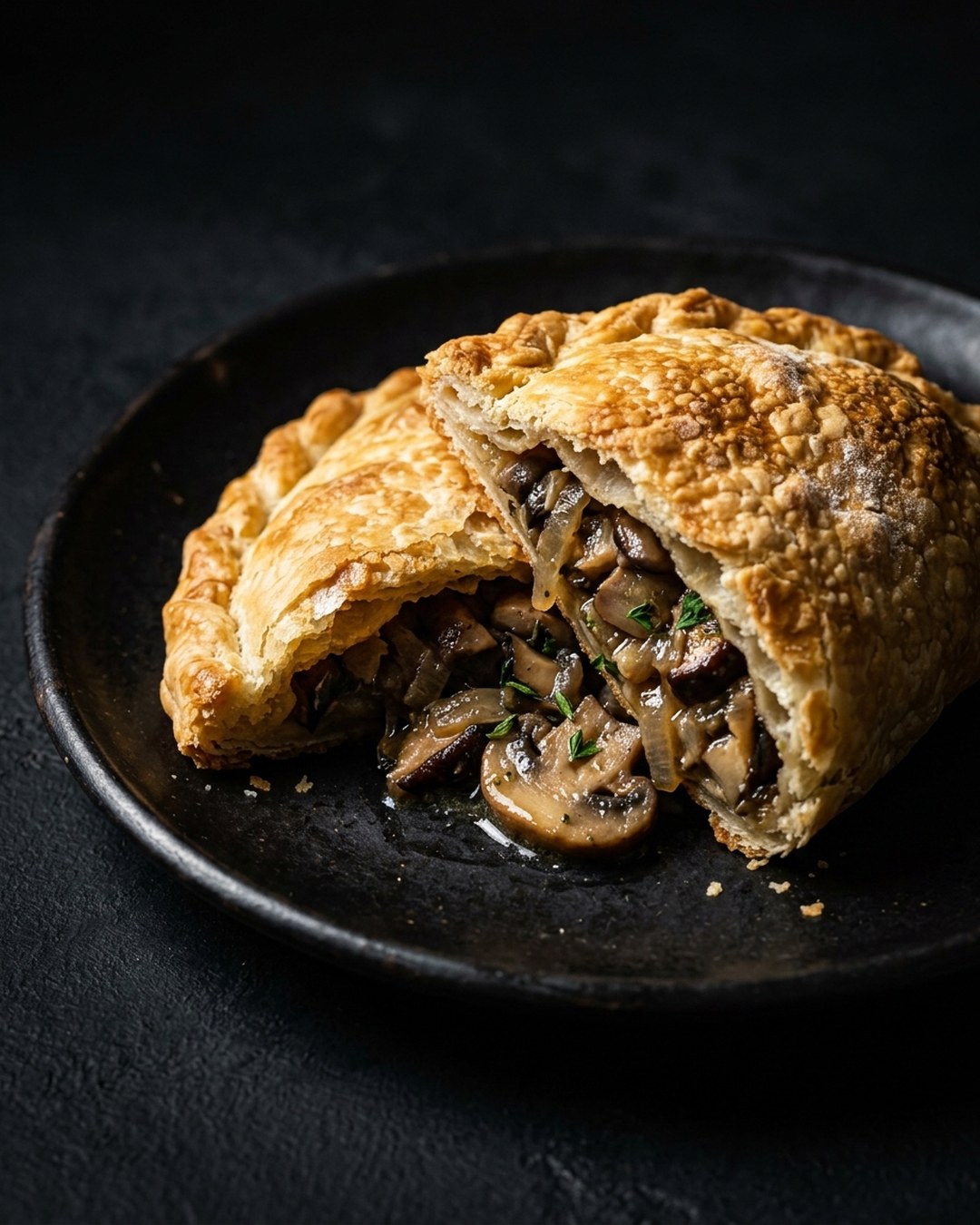 Una empanada vegana abierta sobre un plato oscuro